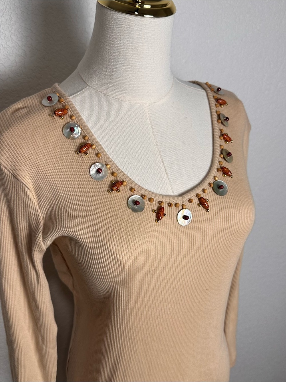 SML Sport Beige Ribbed Long Sleeve Top with Shell & Amber Beads